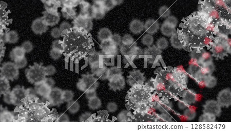 Image of dna strand spinning over covid 19 cells falling on dark background Image of dna strand spinning over covid 19 cells falling on dark background 128582479