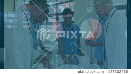 Image of data processing over diverse group of doctors Image of data processing over diverse group of doctors 128582486