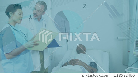 Image of data processing over two diverse doctors with patient Image of data processing over two diverse doctors with patient 128582490