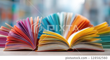 An eye-catching arrangement of open books with fanned, colorful pages, creating a vibrant and dynamic display. Perfect for concepts related to education, storytelling, creativity, joy of reading. 128582560