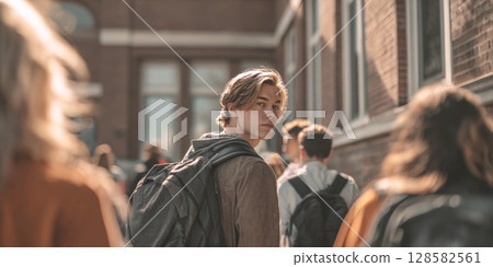 A young male student with a backpack looking back over his shoulder while walking on a college or high school campus, with other students. Evokes themes of education, student life, personal growth. 128582561