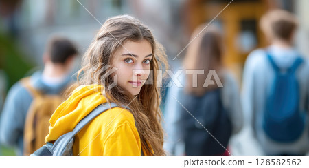 A young female student with backpack looks back over her shoulder with thoughtful expression, with other students in blurred background. Ideal for themes of education, student life, personal growth 128582562