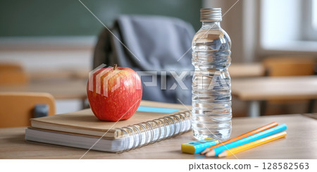 A crisp red apple, bottle of water, notebooks, pencils, eraser neatly arranged on school desk, with blurred classroom background. Ideal for themes of education, healthy habits, readiness for learning 128582563