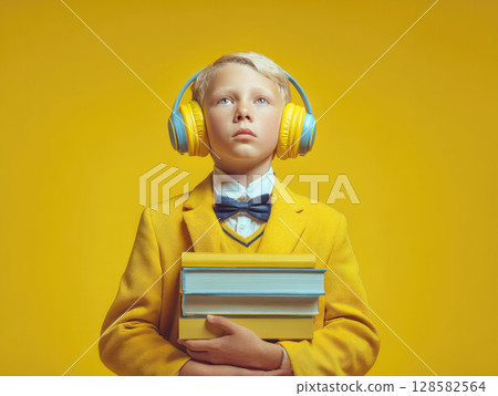 Young boy in yellow jacket, bowtie, wearing headphones, holding books, looking upwards with yellow background. Ideal for themes of education, technology in learning, intellectual curiosity Young boy in yellow jacket, bowtie, wearing headphones, holding books, looking upwards with yellow background. Ideal for themes of education, technology in learning, intellectual curiosity 128582564