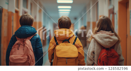 Three students with backpacks walk down a school hallway, representing education, friendship, and the journey of learning. Ideal for 'back to school' and academic themes 128582596