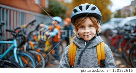 A cheerful child in a light blue helmet and bright yellow backpack smiles, standing confidently amidst a row of bicycles, embodying youthful energy and the joy of outdoor activity 128582616