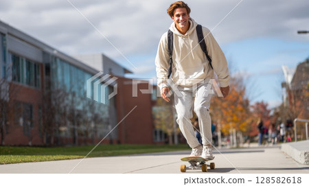 A stylish young man on a skateboard grins broadly, casually cruising down a paved path with a backpack, embodying youthful freedom and modern university life 128582618