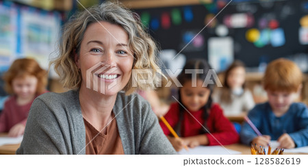 A radiant teacher with a genuine smile looks directly at the camera, while her diverse group of young students are engaged in learning activities in the soft-focused background. 128582619