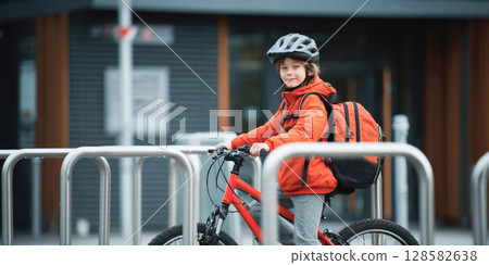 A smiling boy, wearing a safety helmet and carrying a backpack, sits confidently on his red bicycle next to a modern bike rack, ready for his journey 128582638