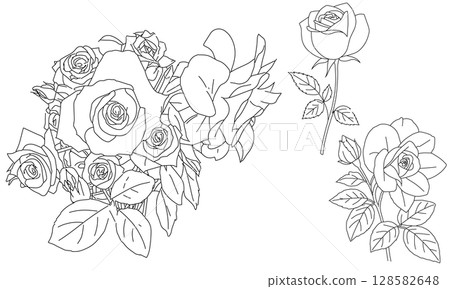 A set of rose line drawings that are easy to use for coloring and decorative design | Simple monochrome touches 128582648