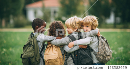 Four young children with backpacks, seen from behind with arms around each other, share a moment of friendship and togetherness in a green outdoor setting before school 128582659