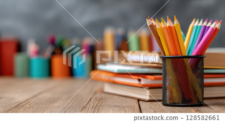 A close-up view of a wooden desk featuring a collection of school and office supplies, including a ceramic holder filled with colorful pencils, various notebooks, pens, and jar of miscellaneous items 128582661