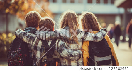 Four young students with backpacks, arms around each other's shoulders, walk together, facing away from the camera, symbolizing enduring friendship and shared experiences on their school path 128582681