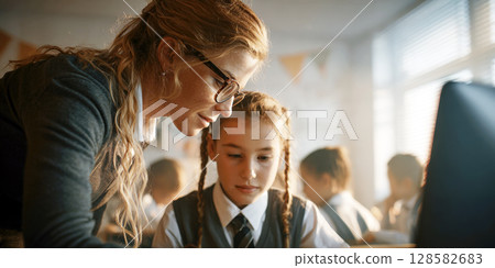 A dedicated female teacher, wearing glasses, leans in to attentively guide a young female student with braided hair, both focused on a task in a busy classroom environment 128582683