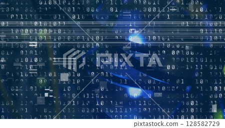 Image of interference and binary coding over server room 128582729
