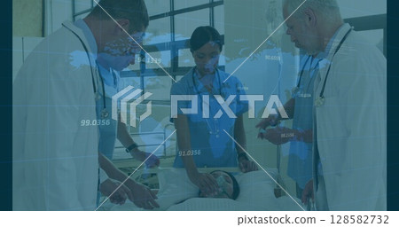 Image of data processing over diverse group of doctors with patient Image of data processing over diverse group of doctors with patient 128582732