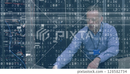 Image of interference and binary coding over caucasian man using laptop in server room 128582734