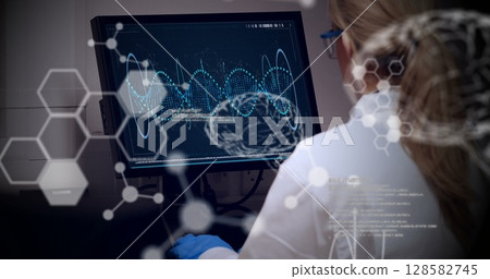 Image of science data processing over female caucasian scientist 128582745