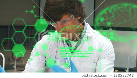 Image of science data processing over male caucasian scientist Image of science data processing over male caucasian scientist 128582748