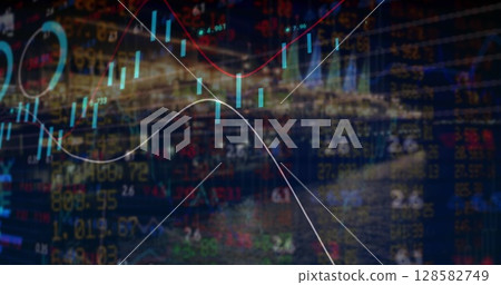 Image of financial data processing over cityscape Image of financial data processing over cityscape 128582749