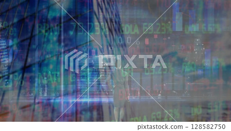 Image of financial data processing over cityscape Image of financial data processing over cityscape 128582750