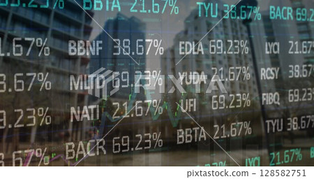 Image of financial data processing over cityscape Image of financial data processing over cityscape 128582751