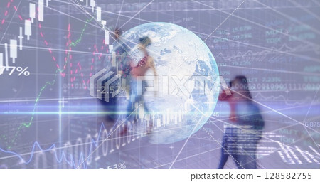 Image of financial processing over globe and walking people 128582755