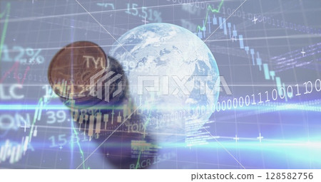 Image of financial processing over globe and coins 128582756