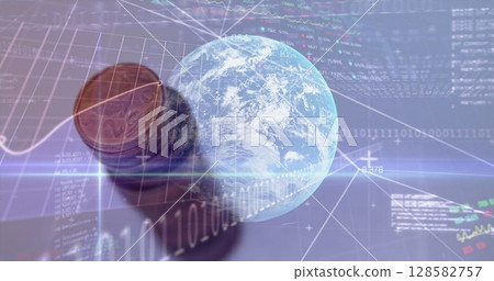 Image of financial processing over globe and coins 128582757