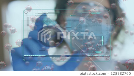 Image of covid 19 cells and data over caucasian female doctor in face mask 128582760