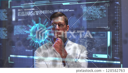 Image of covid 19 cell and data over caucasian male doctor Image of covid 19 cell and data over caucasian male doctor 128582763