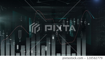 Statistical data processing and multiple screens with mathematical equations on black background 128582779