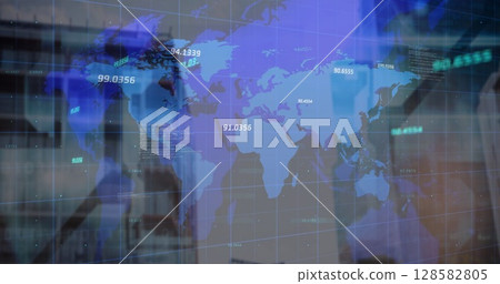 Image of financial data and world map over blurred cityscape Image of financial data and world map over blurred cityscape 128582805