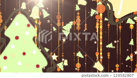 Christmas trees and bells icons falling against light trails and copy space on grey background 128582807