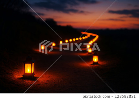Row of glowing lanterns along path at sunset, creating warm and peaceful atmosphere in the evening. 128582851