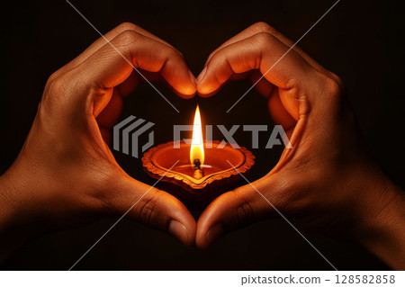 Hands forming heart shape around a lit oil lamp with flame, symbolizing love and warmth in dark background. Hands forming heart shape around a lit oil lamp with flame, symbolizing love and warmth in dark background. 128582858