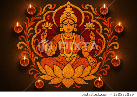 Flower rangoli design of Goddess Lakshmi with oil lamps on dark background, symbolizing wealth and prosperity. 128582859