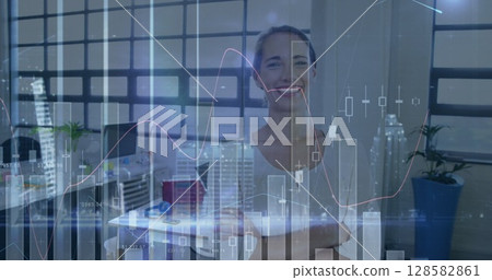 Image of financial data processing over caucasian businesswoman 128582861