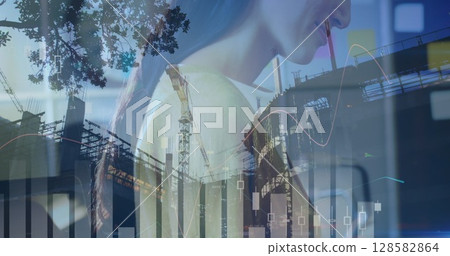 Image of financial data processing over caucasian businesswoman Image of financial data processing over caucasian businesswoman 128582864