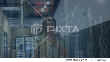 Image of financial data processing over caucasian businesswoman 128582873