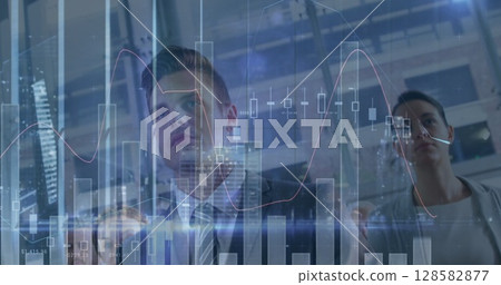 Image of financial data processing over group of diverse business people 128582877