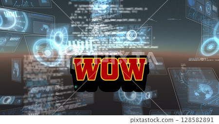 Image of wow text over scope scanning and data processing Image of wow text over scope scanning and data processing 128582891