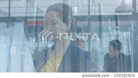 Image of financial data processing over caucasian businesswoman 128582920