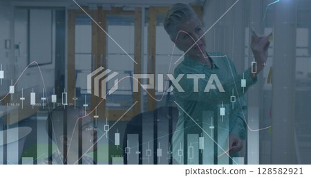 Image of financial data processing over caucasian businesswoman 128582921