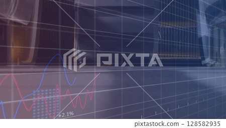 Image of financial data processing over walking women 128582935