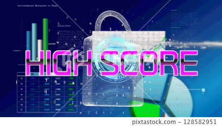 Image of high score text over data processing and padlock icon Image of high score text over data processing and padlock icon 128582951