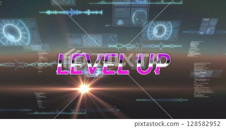 Image of level up text over scope scanning and data processing Image of level up text over scope scanning and data processing 128582952
