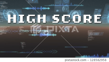 Image of high score text over scope scanning and data processing Image of high score text over scope scanning and data processing 128582958