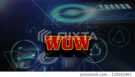 Image of wow text over icons and data processing 128582961