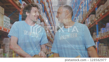 Image of financial data processing over two diverse warehouse worker Image of financial data processing over two diverse warehouse worker 128582977